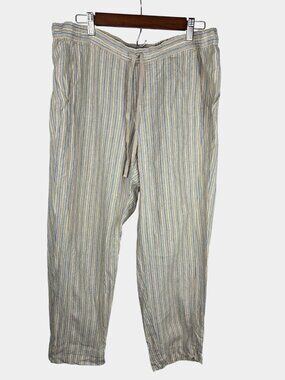 J. Jill Love Linen Striped Wide Pants Beige & Blue Drawstring Relaxed Fit Size L